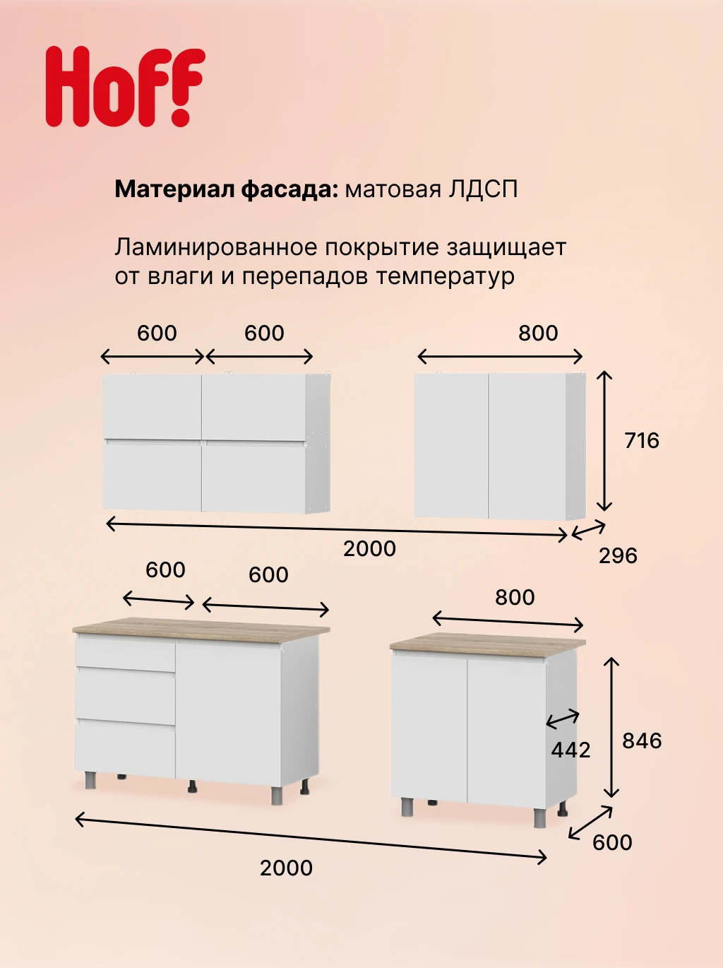 Кухонный гарнитур Hoff Токио 200х214,2х60 см, цвет белый текстурный, дуб Сонома