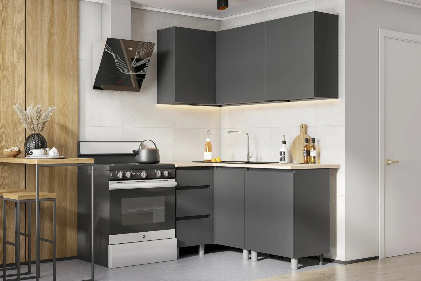 ARNIKA Кухонный гарнитур угловой без столешницы "Довер", графит